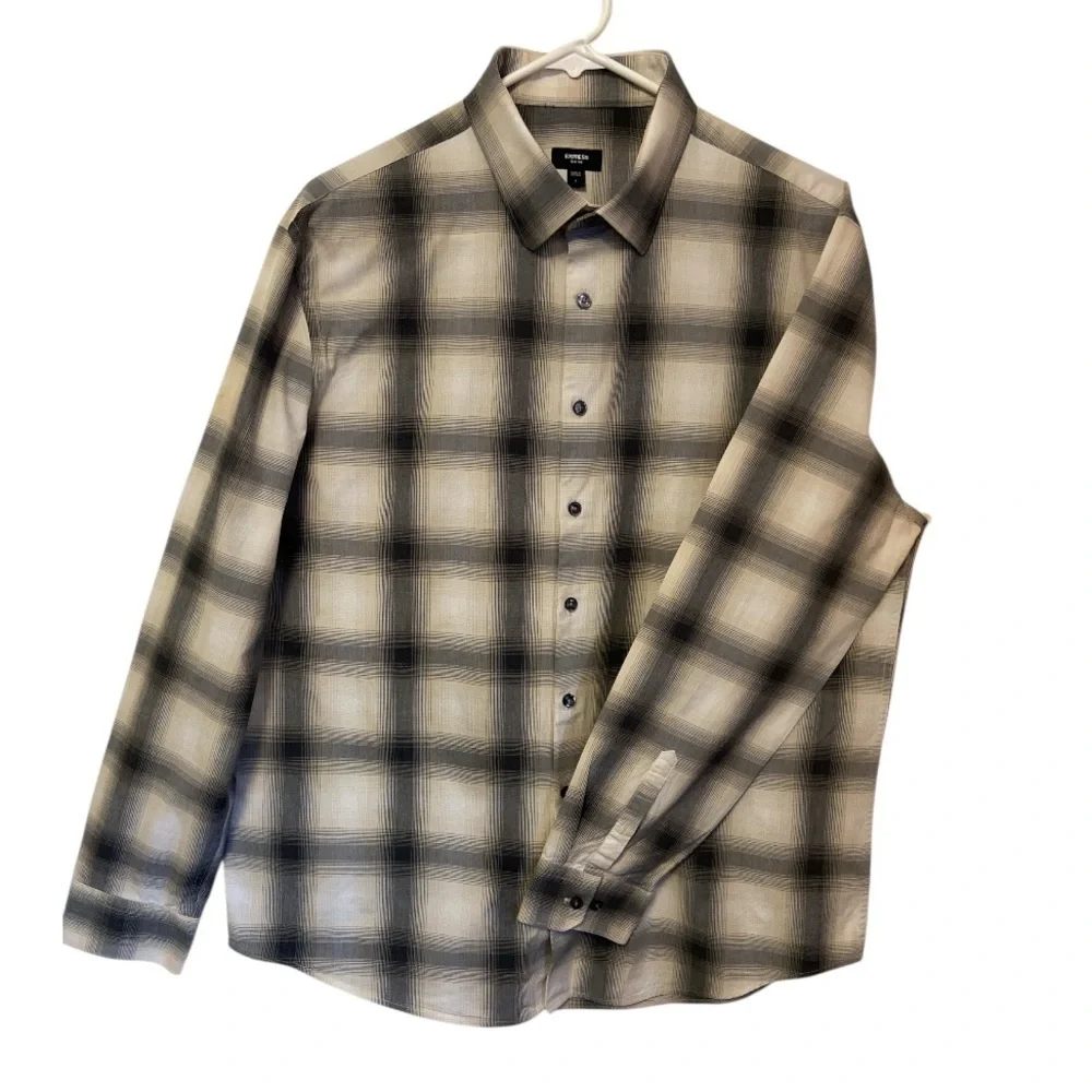 Express Slim 1MX Men’s Plaid Stretch Dress Shirt Lrg Gray Black Button Front